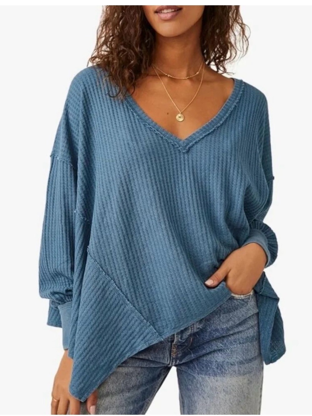 FP Movement by Free People Coraline Washed Legion Blue V-Neck Waffle Knit Top
